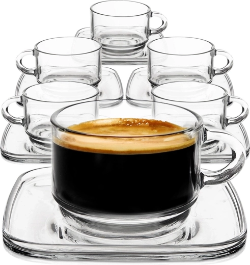 Üveg csészék négyzet alakúcsészealjjal 250 ml, 6 darabos készlet