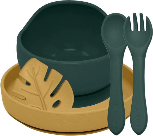 Szőtt szilikon étkészlet PETITE&MARS TAKE&MATCH, 4 db, Misty Green / Intense Ochre, 6 hónapos kortól