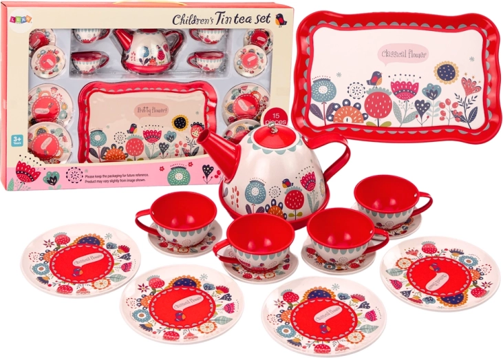 Kávékészlet Teáscsészék Vízforraló Tálca Piros kávézó 15 elem