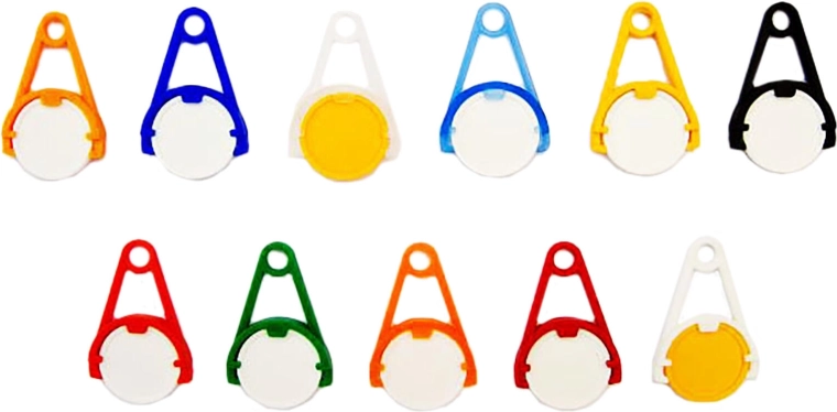 Bevásárlókocsi-zsetonos kulcstartó – vegyes színek, 5 db