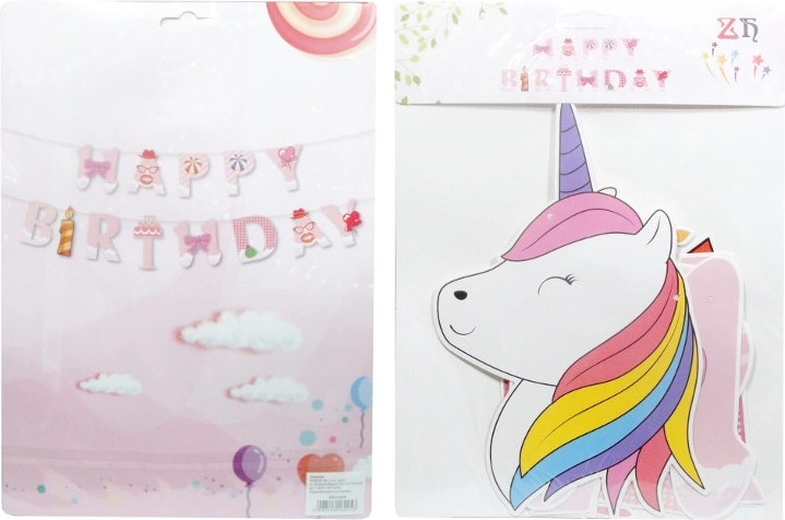 Papír születésnapi girland Happy Birthday felirattal és egyszarvúval