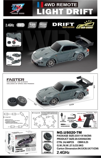 R/C drift autó 1:20 világítással, zöld