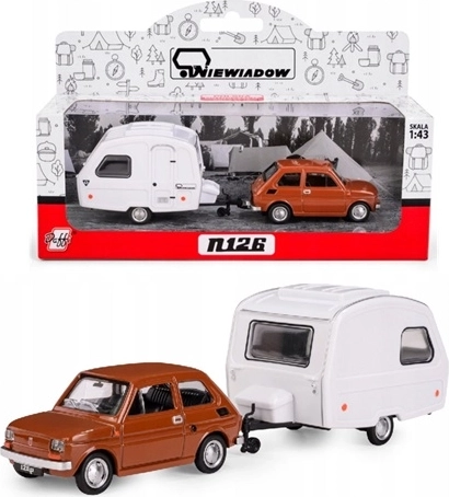 Fiat 126p Niewiadów N-126 barna lakókocsis utánfutóval, 1:43 modell