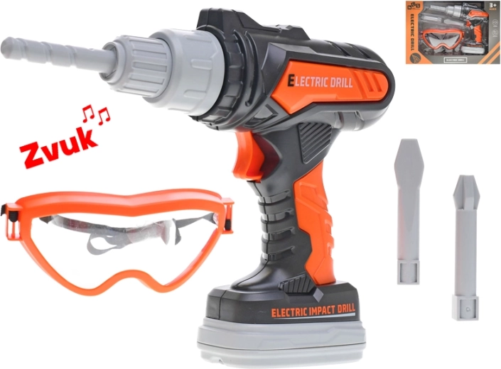 Gyermek ütvefúró elemmel, hangokkal és védőszemüveggel