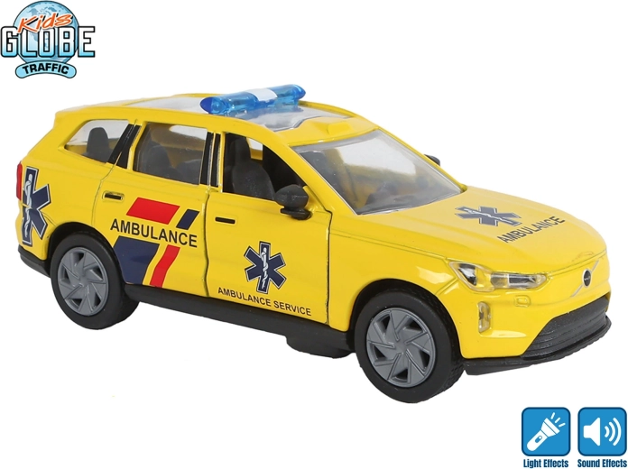 Kids Globe Traffic fém mentőautó Volvo EX90 hátrahúzós meghajtással, fénnyel és hanggal, 13,5 cm