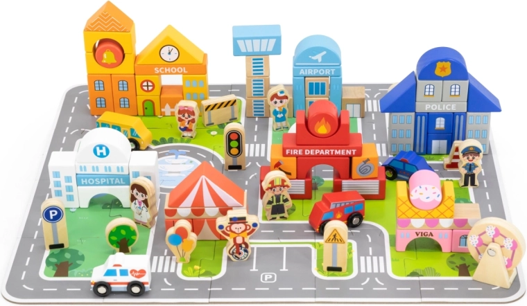 Viga fa puzzle és építőkockák város 100 darabbal