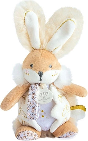 Doudou plüss nyuszi csörgővel és cumitartóval, 21 cm, fehér