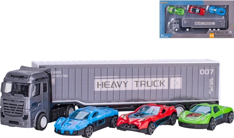 Fém teherautó 3 kisautóval, 22 cm