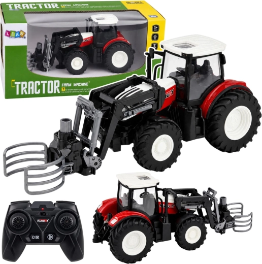 Távirányítós RC mezőgazdasági traktor első homlokrakodóval és bálarakodó markolóval 1:24, piros