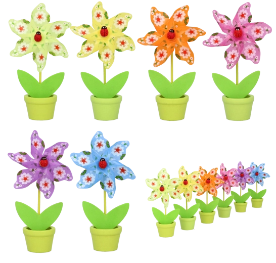 Szélforgó katicabogárral virágcserépbe 9 × 15 cm – 6 szín vegyesen