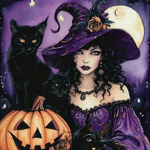 Gyémántfestés boszorkánnyal, fekete macskával és tökkel 30 × 40 cm