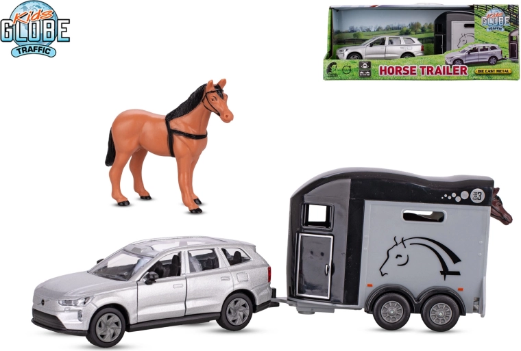 Kids Globe Traffic VOLVO EX90 ló‑szállító utánfutóval, fém modell 28 cm