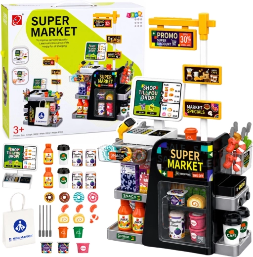 Gyerek szupermarket pénztárgéppel, szkennerrel és italadagolóval (65 db)