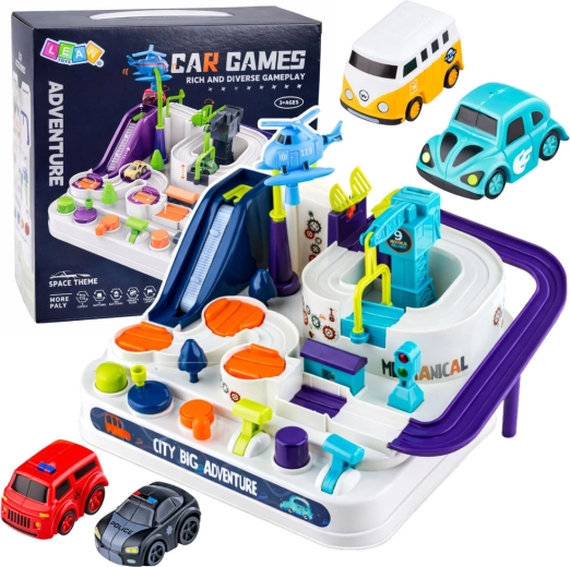 Interaktív városi akadálypályás autópálya szett parkolóval és 4 kisautóval