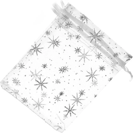Organza tasak csillag mintával, fehér és ezüst, 9 × 12 cm