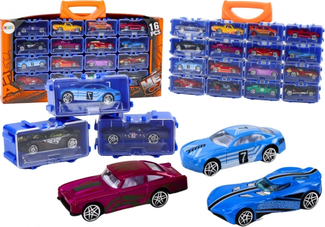 Fém kisautó készlet bőröndben, 16 darab