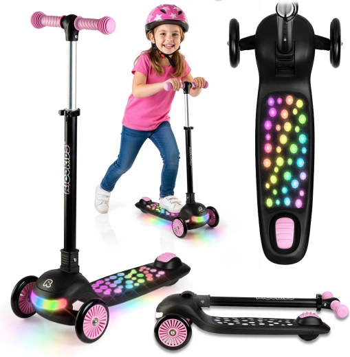 Ricokids Glowi háromkerekű egyensúlyozó gyerekroller LED világítással – fekete–rózsaszín