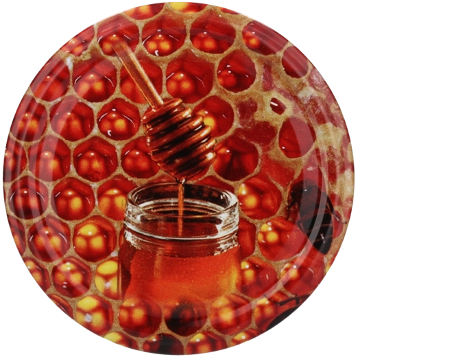 82 mm-es befőttes üveg tetők méhsejt- és méh mintával, 10 db