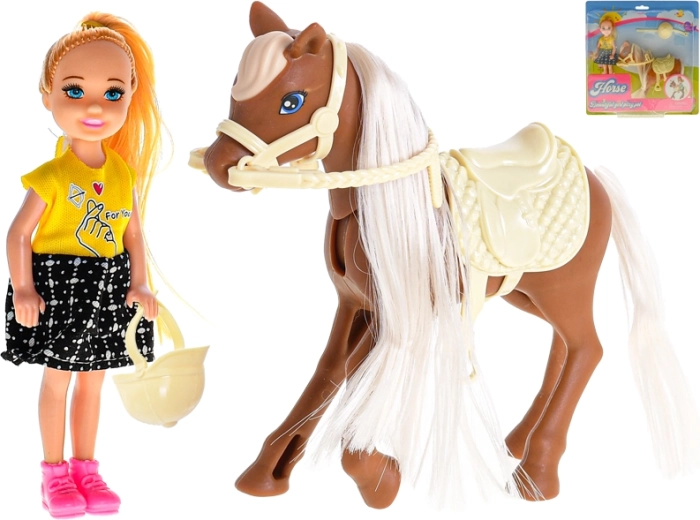 Baba lóval és lovasfelszereléssel, 13 cm