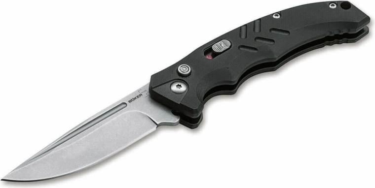 Böker Plus Intention II Black automata taktikai kés 8 cm-es stonewash felületű pengével és G10 markolattal