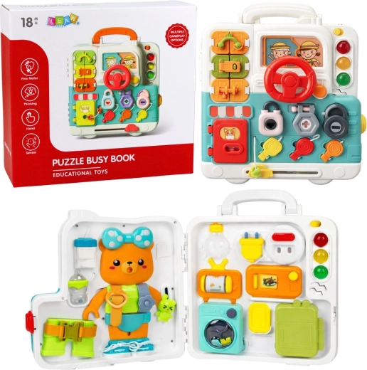 Interaktív manipulációs könyv – edukatív busy board fényekkel és hangokkal, 16 elem