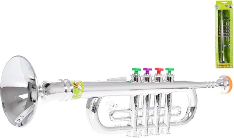 Gyermek trombita 37,5 cm ezüstös fényű, színes billentyűkkel
