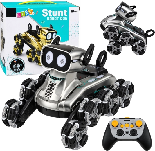 RC távirányítós robotkutya 8 kerékkel, demó üzemmód, fények és hangok, ezüst - 1 db