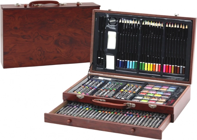 Művészi készlet fa kofferben, színes ceruzák, pasztell ceruzák, festékek