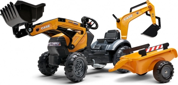 Case Construction 580 Super N pedálos traktor narancssárga elöl- és hátulrakodó kanállal és billenő utánfutóval
