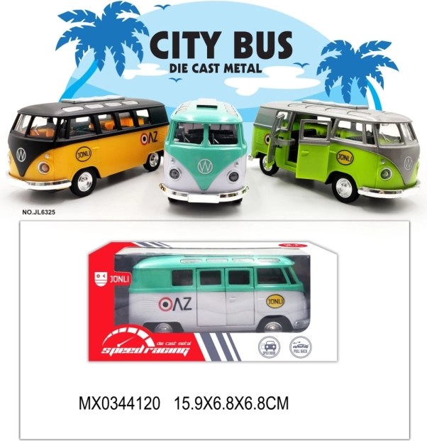 Mini fém busz nyitható ajtókkal és felhúzós meghajtással