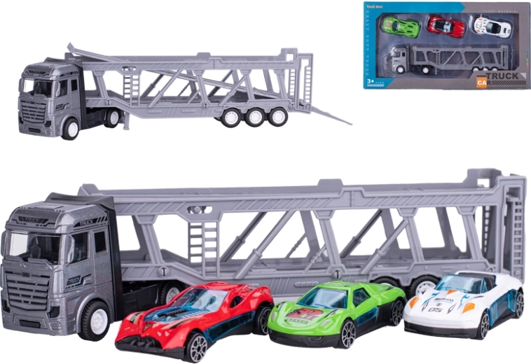 Fém autószállító 3 kisautóval, 22 cm