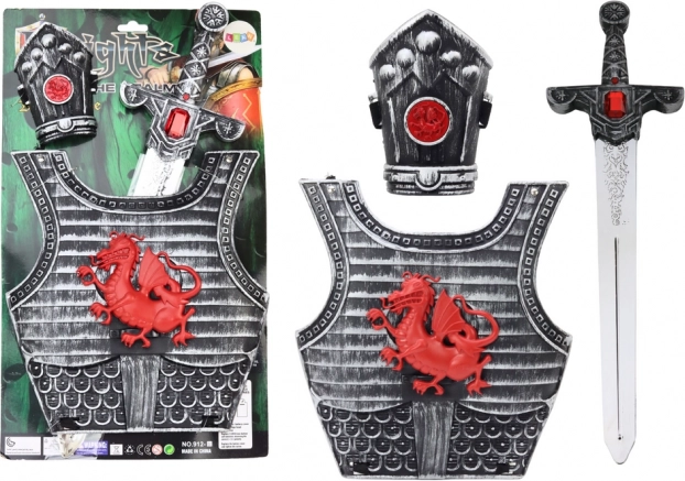 Gyerekkosztüm lovagi páncéllal, karddal és lábszárvérttel