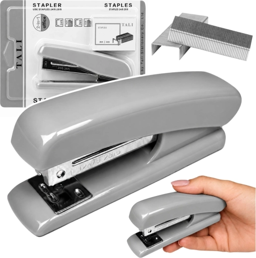 Szürke irodai tűzőgép fém mechanizmussal (24/6, 26/6) – 1 db
