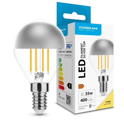 Modee LED izzó Filament Globe Mini P45 Silver Top 4 W E14, 400 lm, meleg fehér