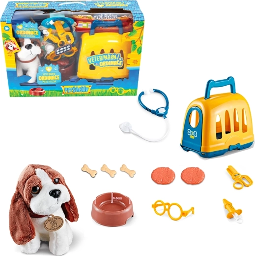 Állatorvosi készlet szállítóboxszal és beagle kutyával