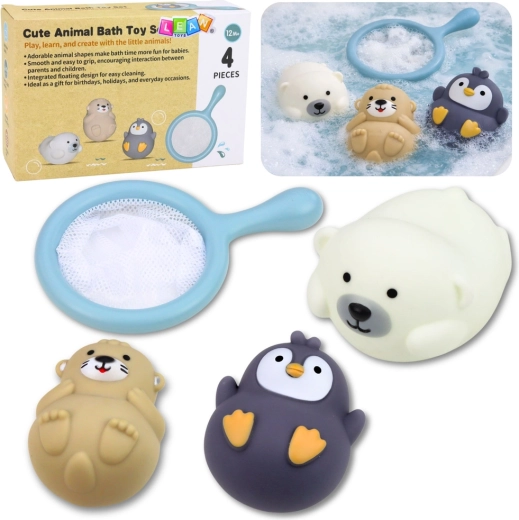 Pasztellszínű állatkás fürdőjáték-készlet hálóval, 4 db