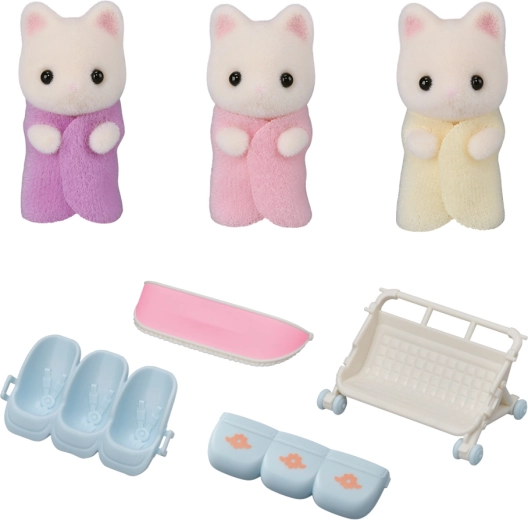 Sylvanian Families Virágos macskacsalád hármas ikrei babakocsival