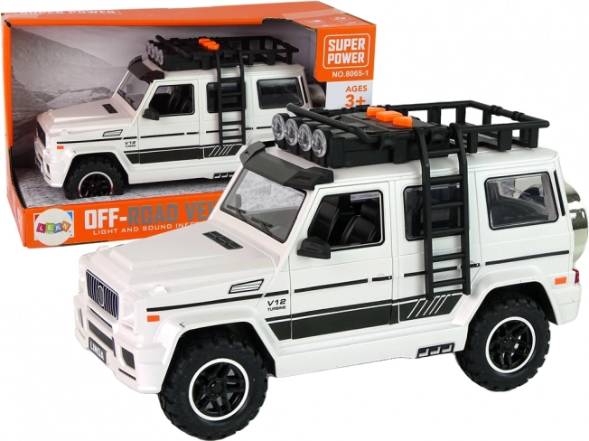 Fehér akkumulátoros terepjáró fényekkel és hangokkal