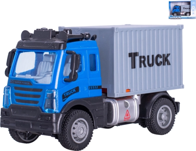 Teherautó levehető konténerrel, 12 cm, visszahúzós mechanikával