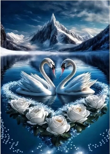 Gyémántfestés – hattyúk és fehér virágok 30 × 40 cm