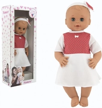 Hamiro baba pislogó szemekkel, 50 cm, szilárd testű, fehér ruhában piros pöttyökkel