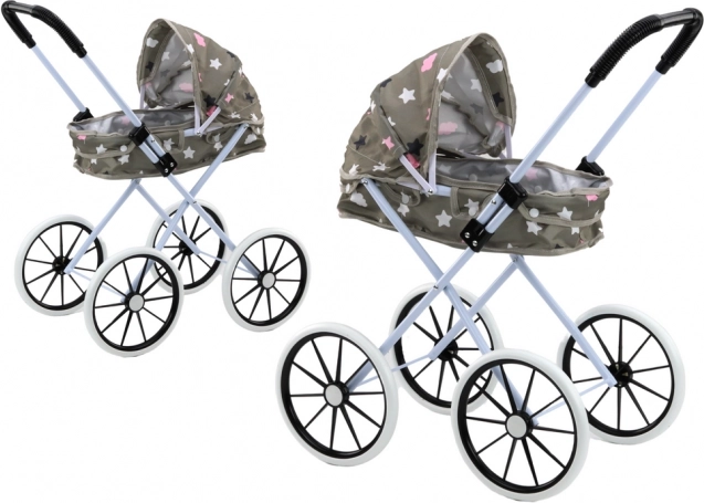 Babakocsi játékbabáknak felhajtható tetővel, nagy habkerekekkel, szürke csillagmintával