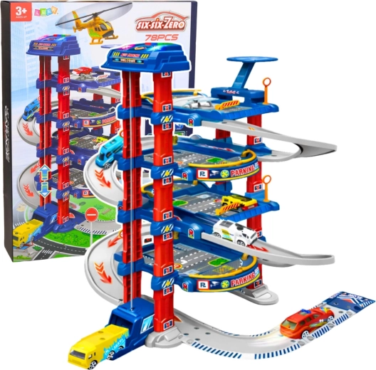 Nagy, többszintes parkoló elektromos lifttel és autópályával