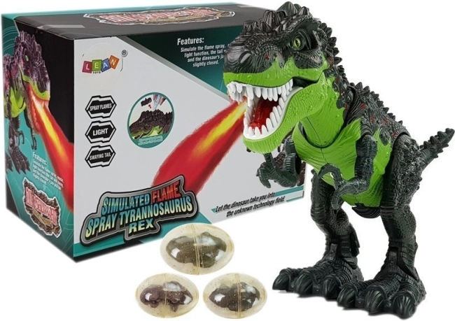 Interaktív T‑Rex dinoszaurusz, elemmel működő – tojásokat rak és gőzt fúj, zöld