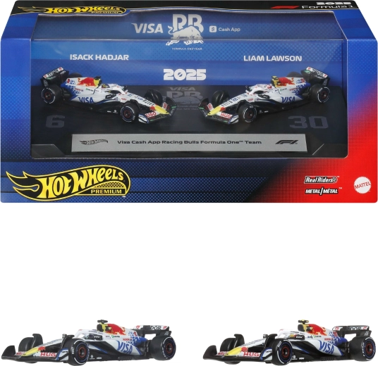 Hot Wheels Premium Forma–1 VCARB Liam Lawson és Isack Hadjar fém együléses versenyautóinak készlete – 2 db