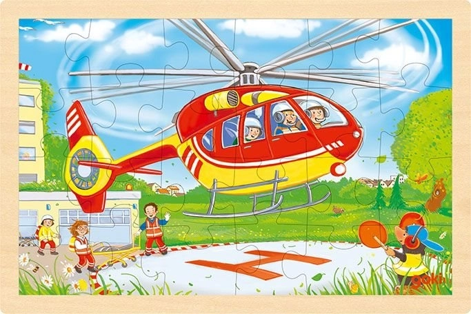Kétszeresen használható fa puzzle tűzoltók és helikopter, 24 darab, Goki