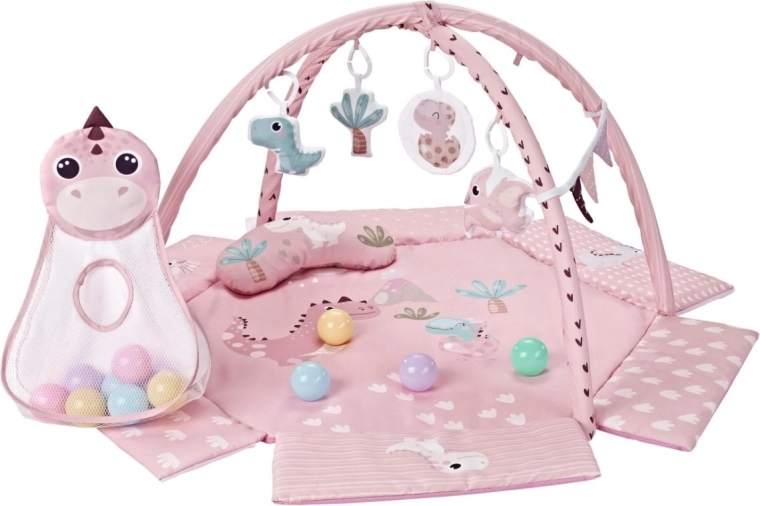 TinyMini Dino Pink babajátszószőnyeg tornabottal és labdákkal