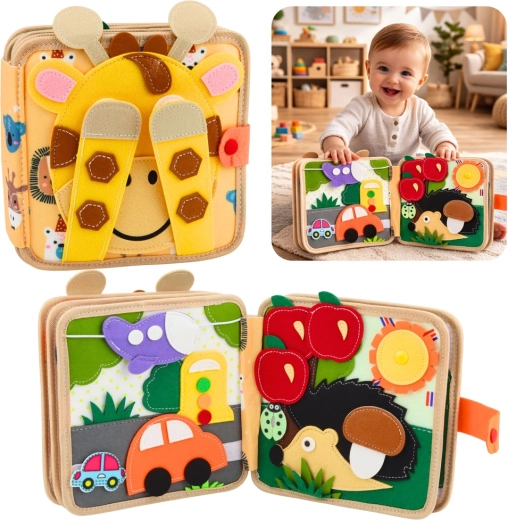 Érzékszervi filc könyv zsiráffal – edukatív csendes könyv gyerekeknek