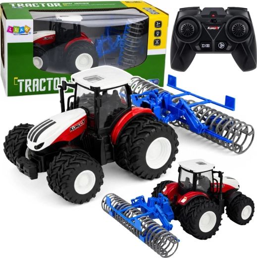 RC traktor csatlakoztatható mezőgazdasági hengerrel 1:24, piros, világítással