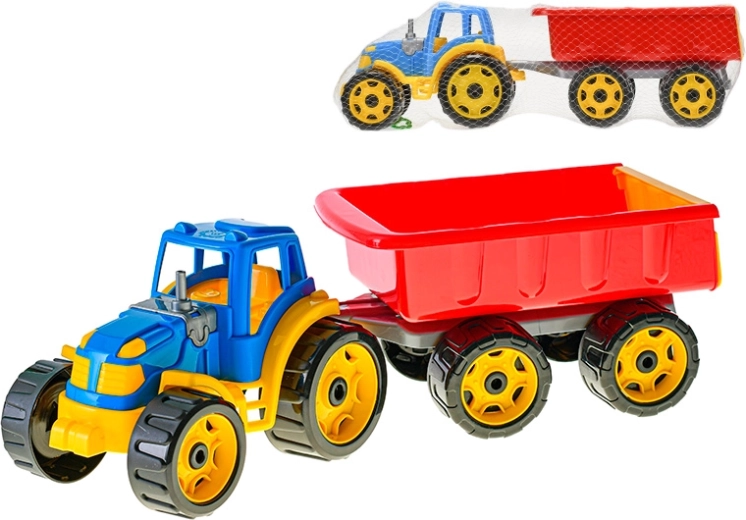 Kék–piros traktor billenős pótkocsival, 54 cm
